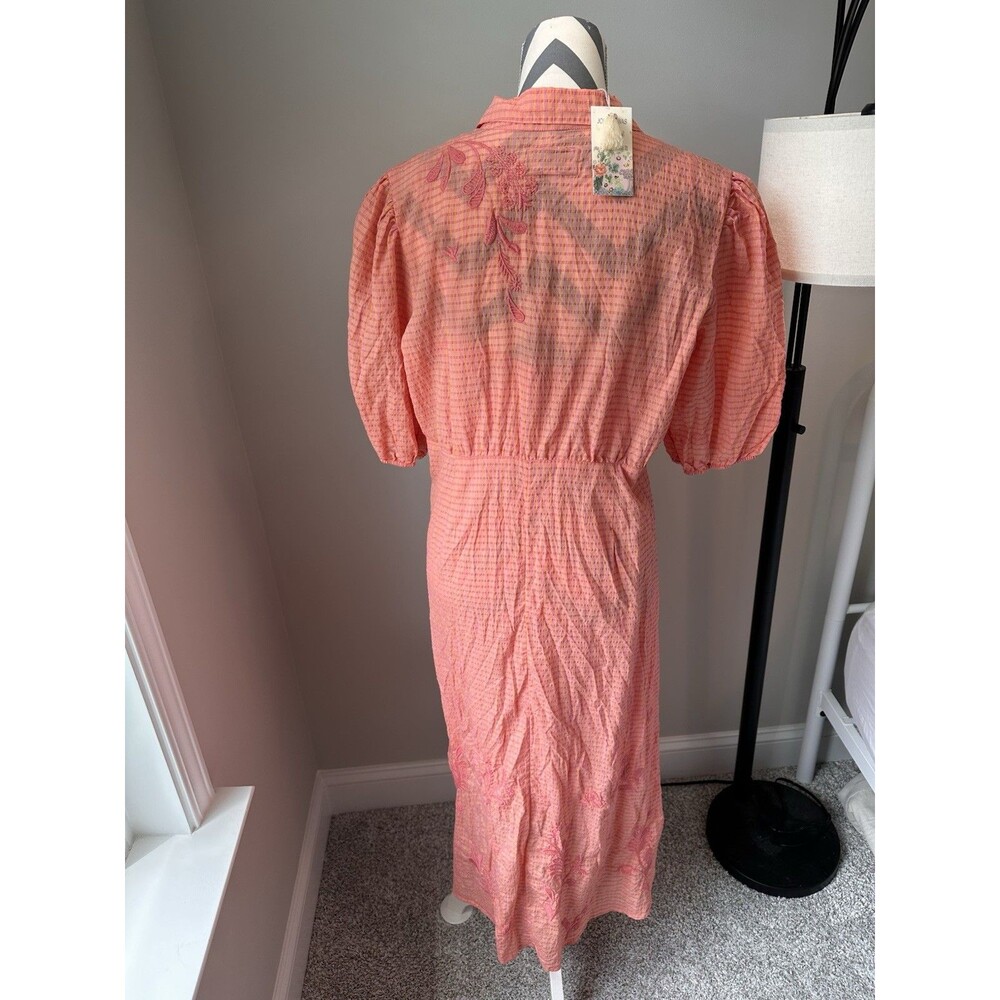 Johnny Was Orla Puff Sleeve Cotton Shirt Dress Midi Pink Orange Embroidered NWT - Picture 3 of 8